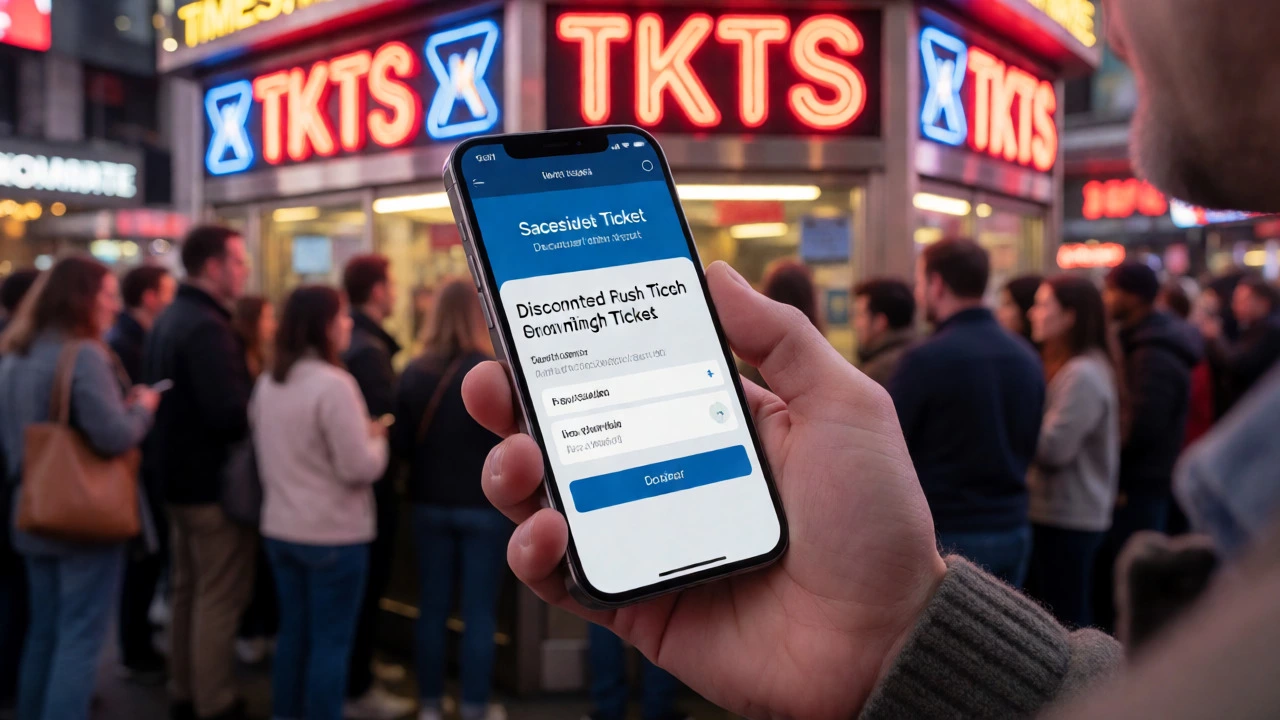 Person using a mobile app to book a rush ticket near the TKTS booth in Times Square.