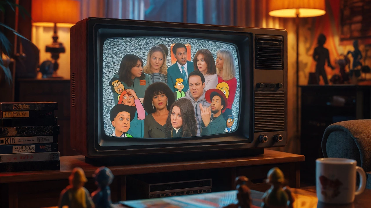 Retro TV displaying mixed sitcom scenes in a dimly lit, nostalgic living room.