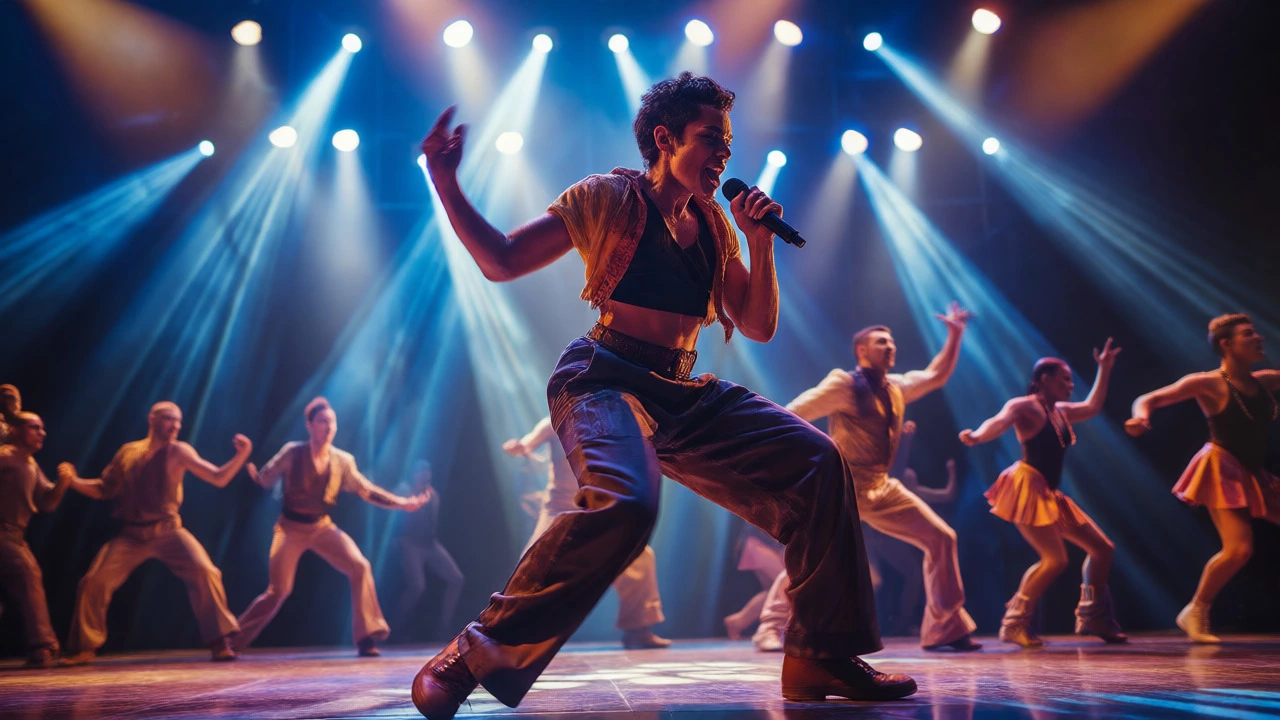 Singer-dancer performing intensely under stage lights