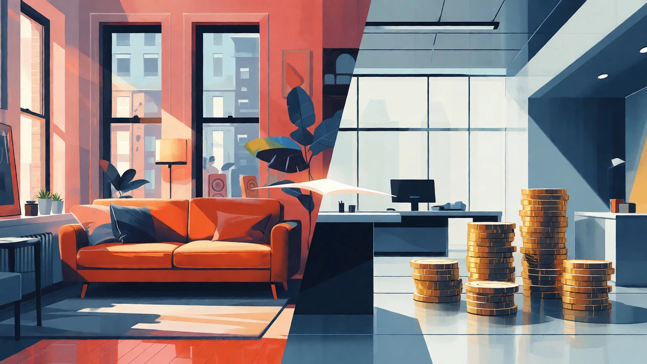 Split illustration contrasting a cozy apartment with a wealth-focused office setting.