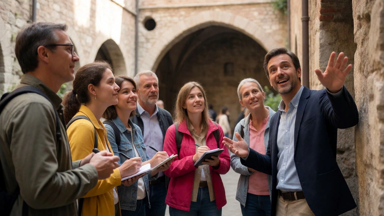 Tour guide explaining history to a small group in a cobblestone European courtyard.