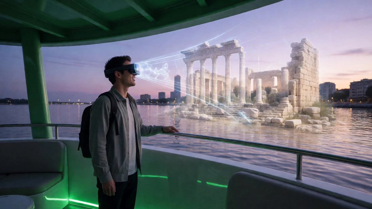 Traveler using AR headset on a boat to view digital ruins overlaid on the skyline.