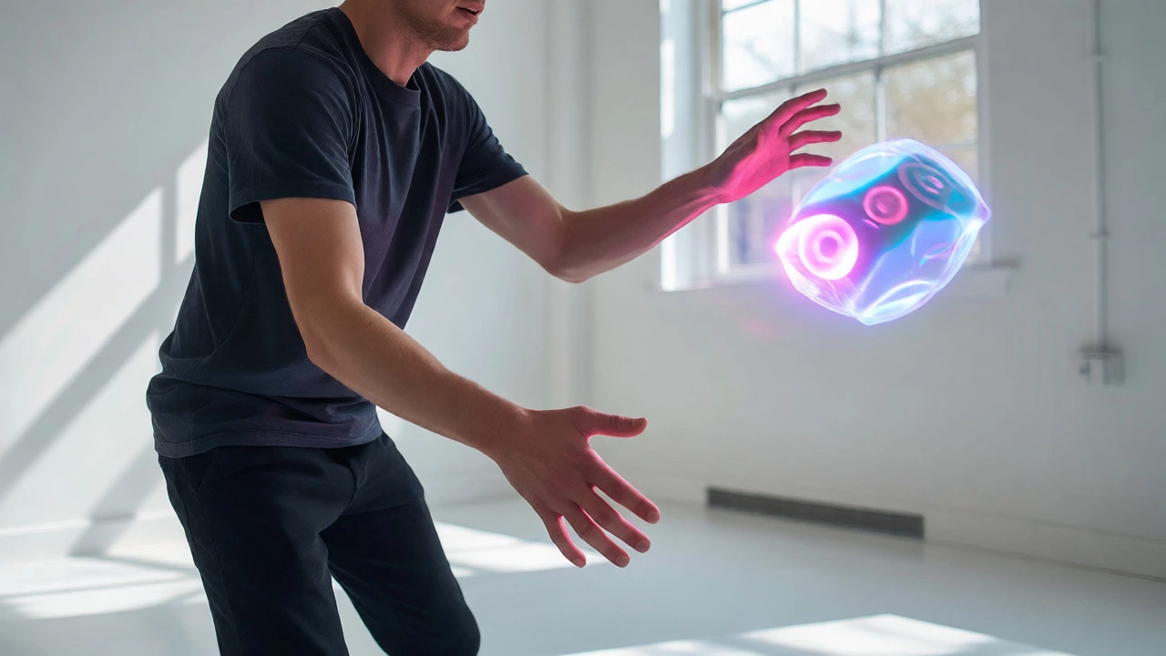User reaching for a virtual object, struggling with depth perception and hand tracking.