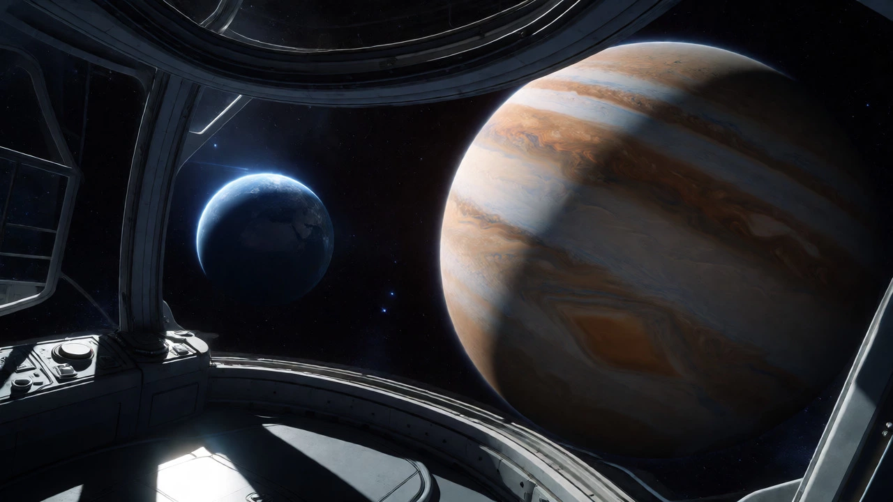 View from a spaceship cockpit showing Jupiter and Earth in deep space.