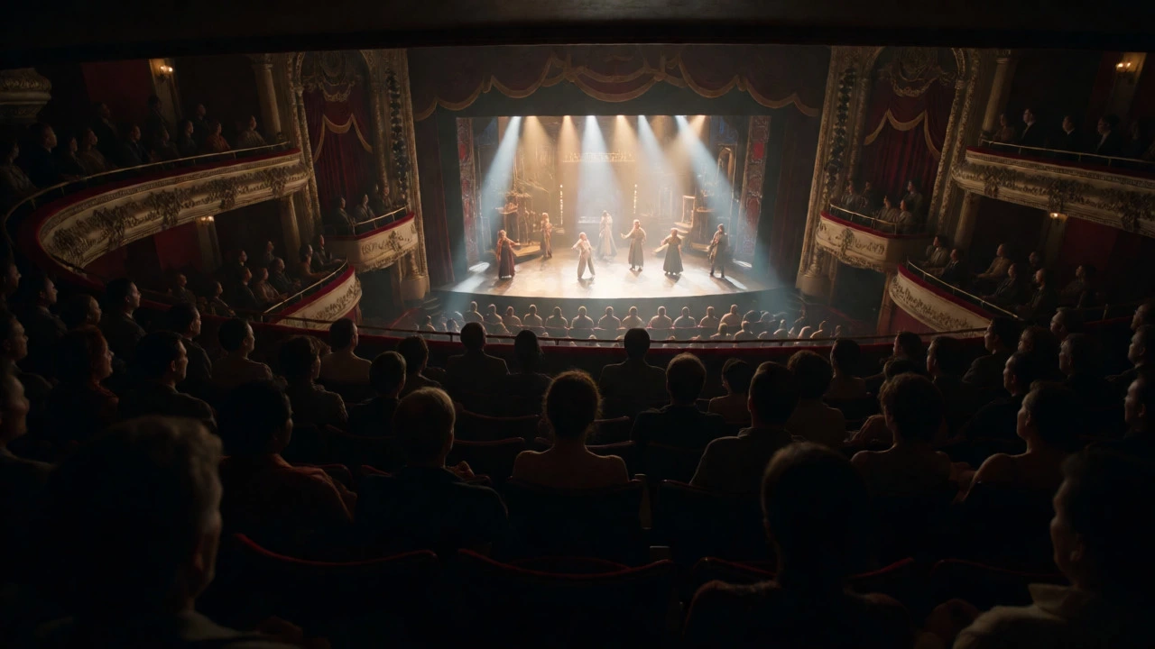 View from a theater balcony looking down at a live Broadway stage performance.