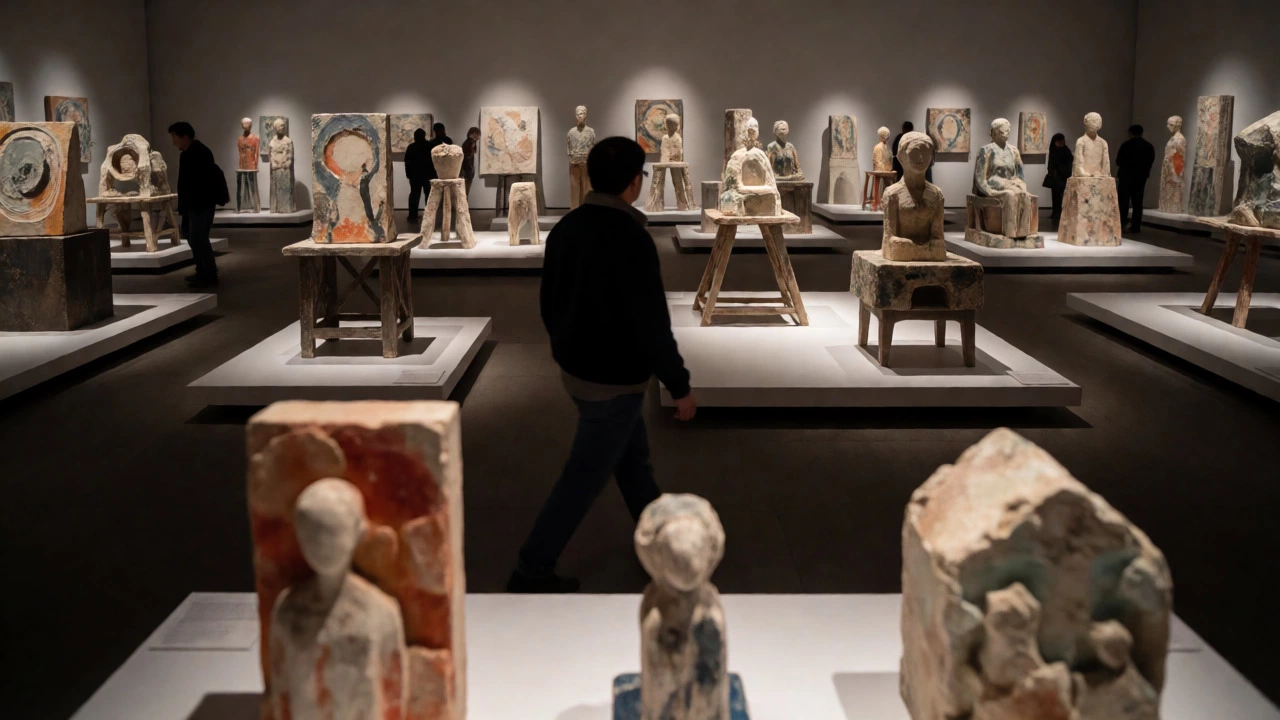 Visitor walking through an art exhibition with varied spacing and lighting