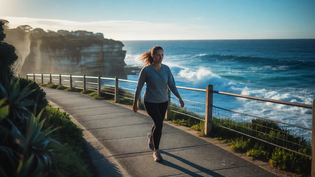 Woman walking along the scenic Bondi to Coogee coastal track