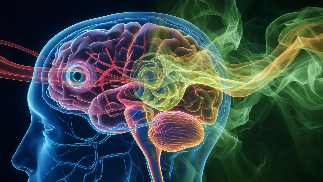 Abstract conceptual art illustrating sensory conflict theory with colliding neural signals in a brain.