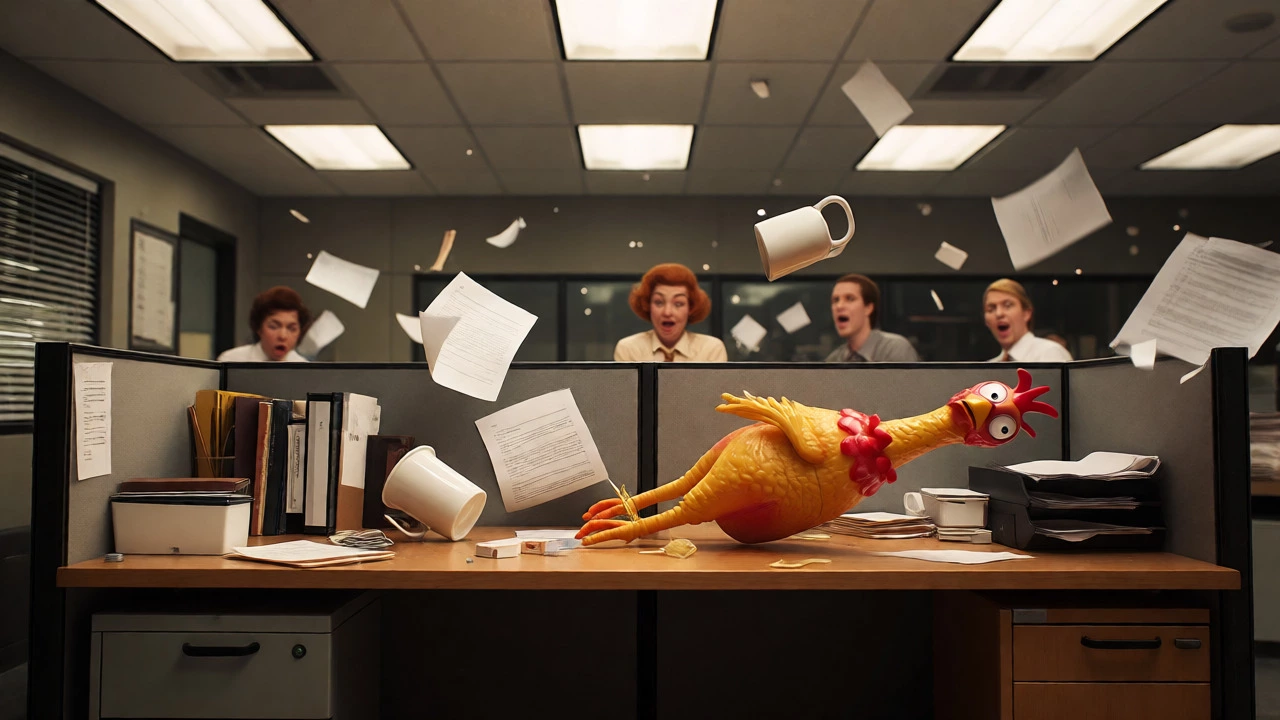 Chaotic office scene with flying papers and comedic props.
