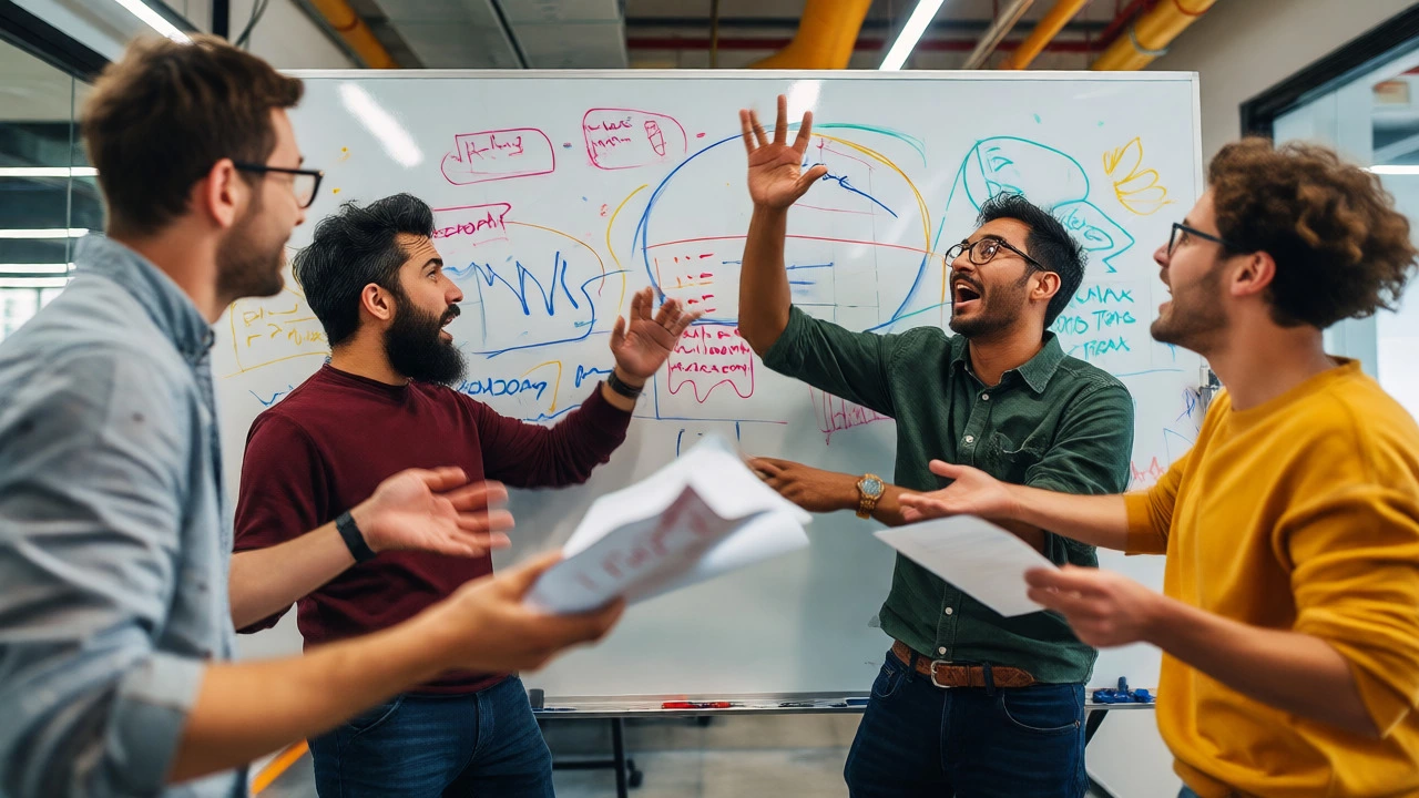Chaotic startup team debating rapidly in a bright modern office
