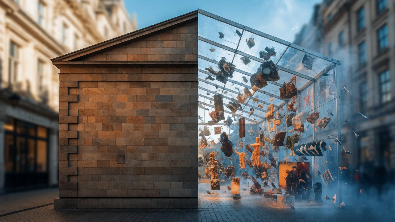 Conceptual split view contrasting a permanent building with a temporary art display.