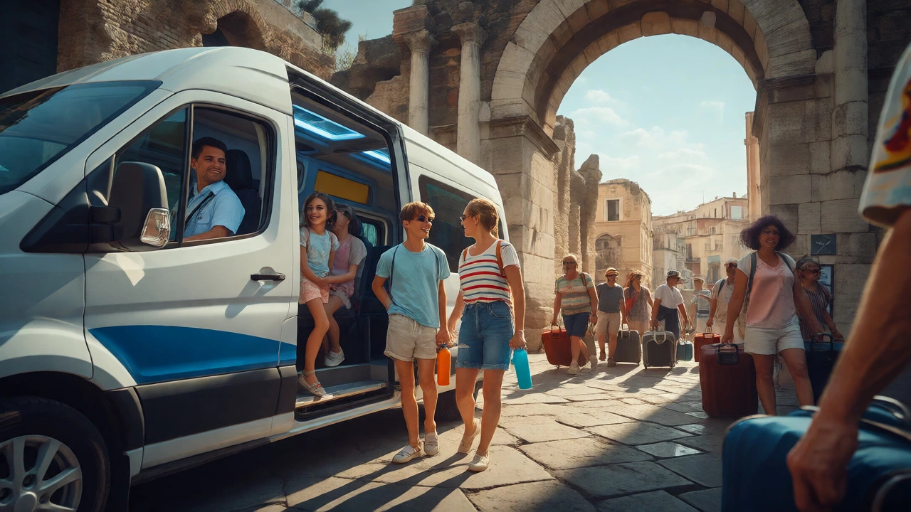 Family boarding a comfortable tour van while others struggle with public transport