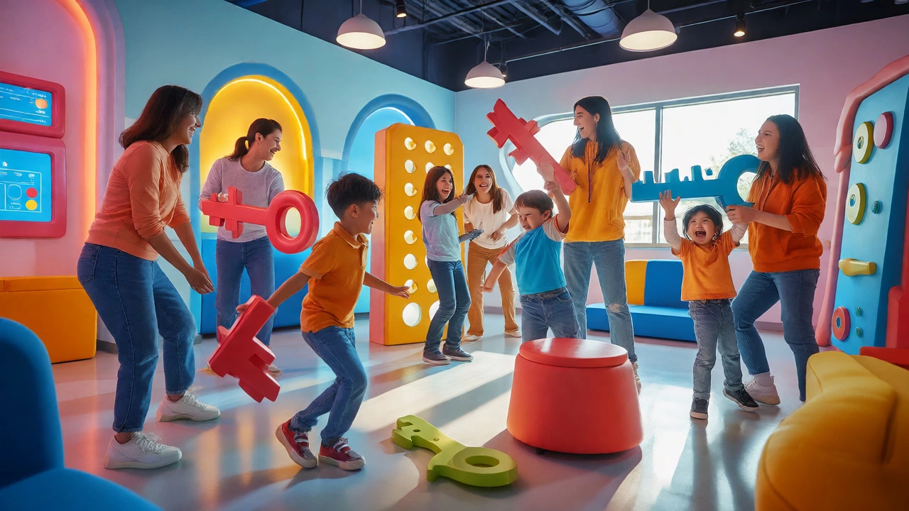 Family playing a colorful, short-duration escape game with kids