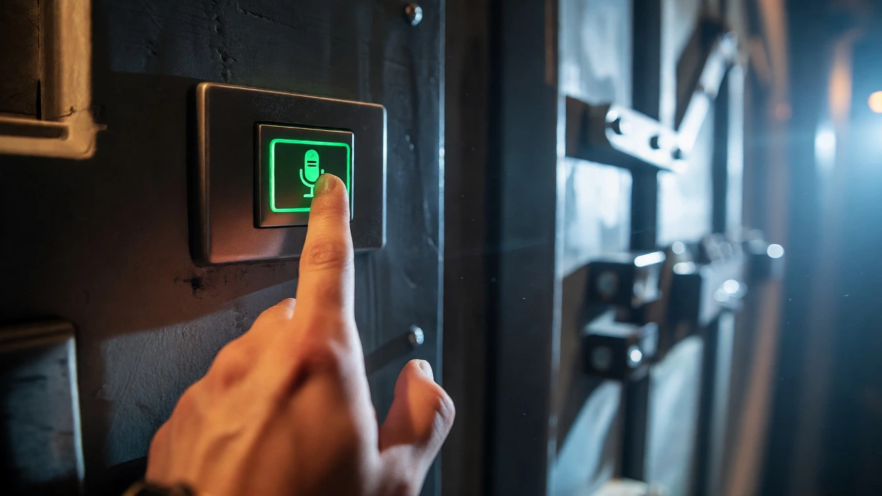 Hand pressing an intercom button to signal exit from an escape room