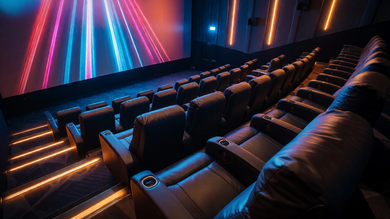 Luxury cinema interior with plush recliner seats and vibrant IMAX screen projection.