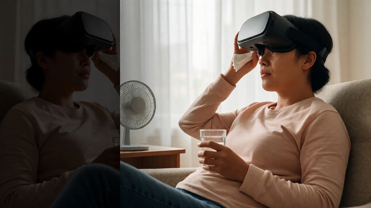 Person recovering from VR sickness with water and fan