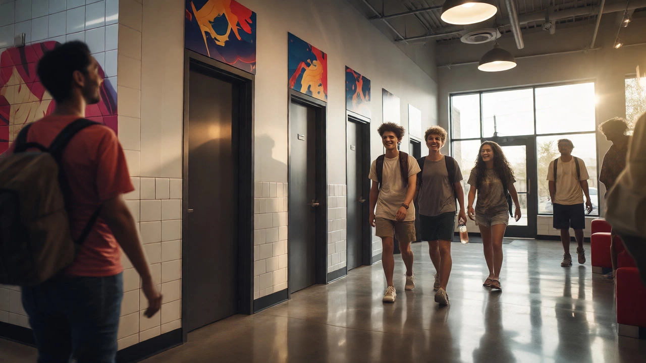 Relaxed group walking through a bright lobby towards restrooms