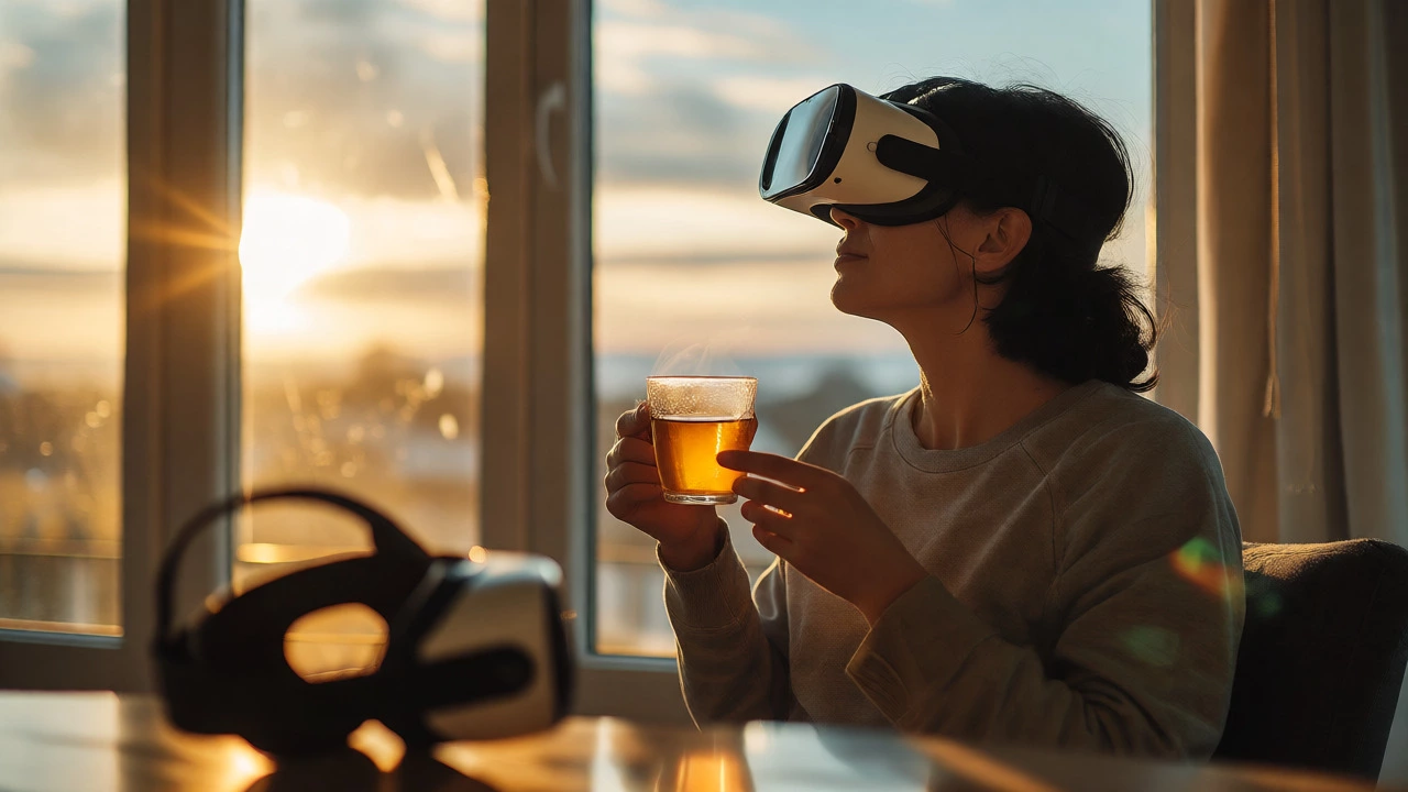 Relieved person drinking tea by a window after VR session, focusing on the horizon for recovery.