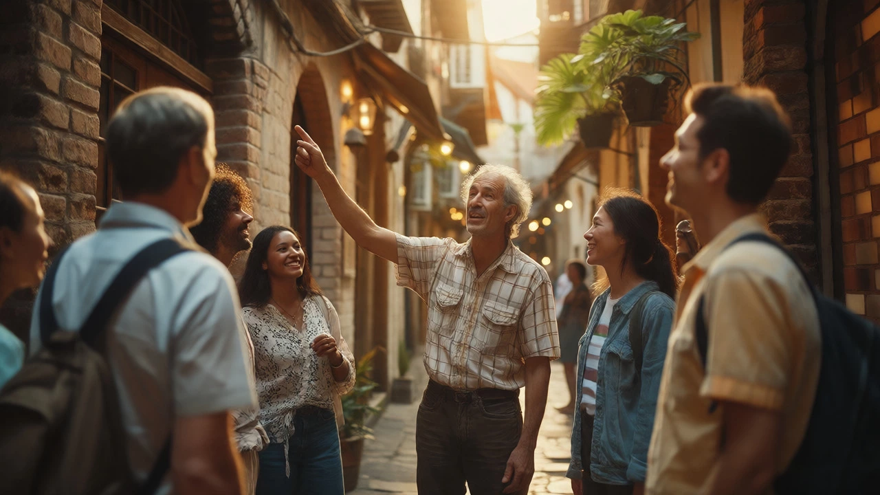 Small group listening to a guide in a sunny, narrow historic alleyway