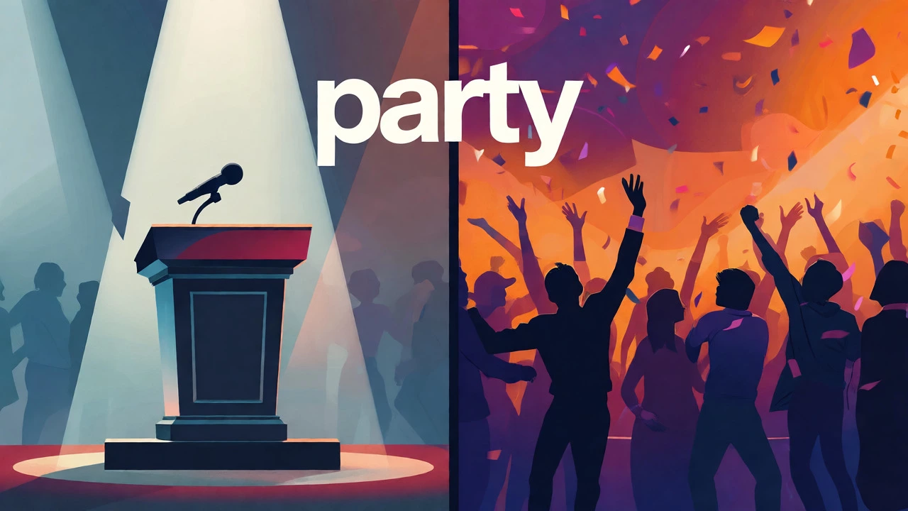 Split image contrasting political podium and party