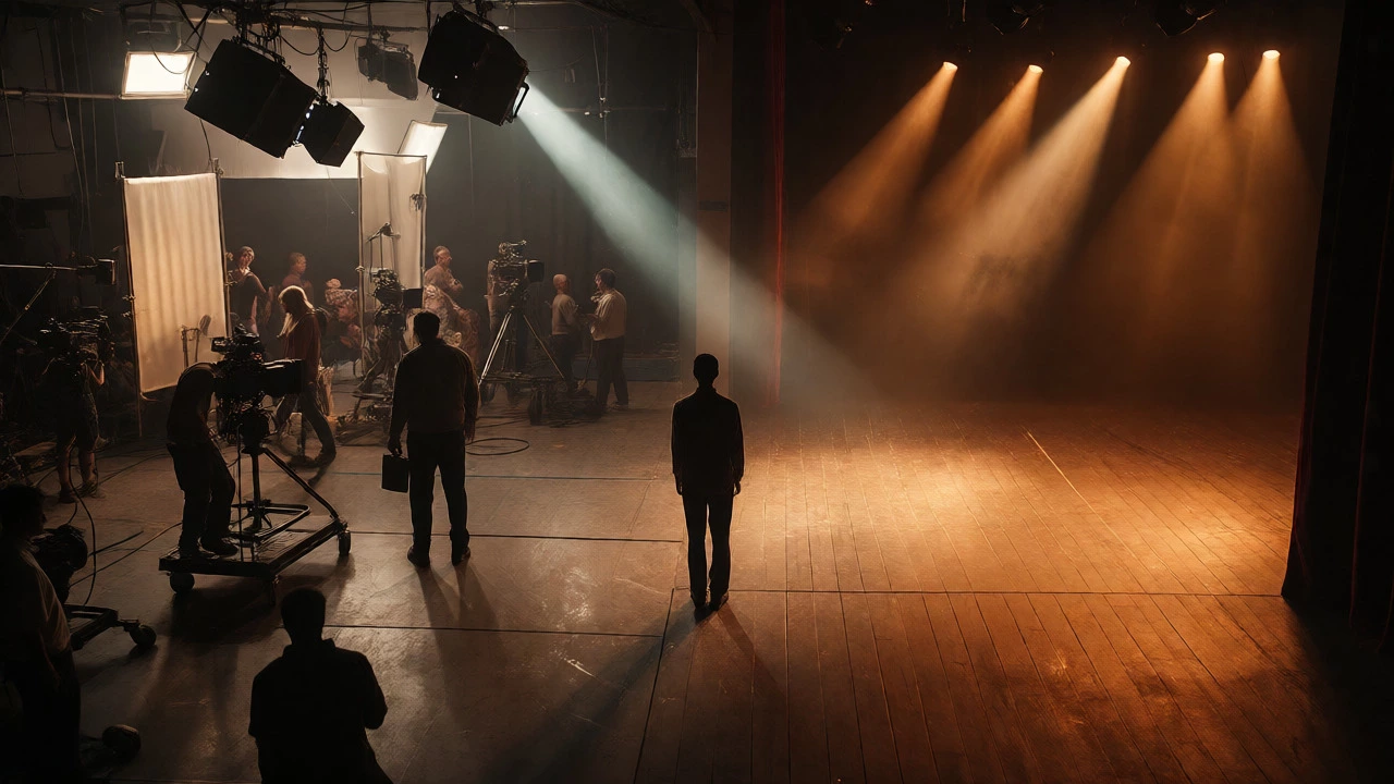 Split screen comparing chaotic film sets with serene, high-pressure live theatre stages.