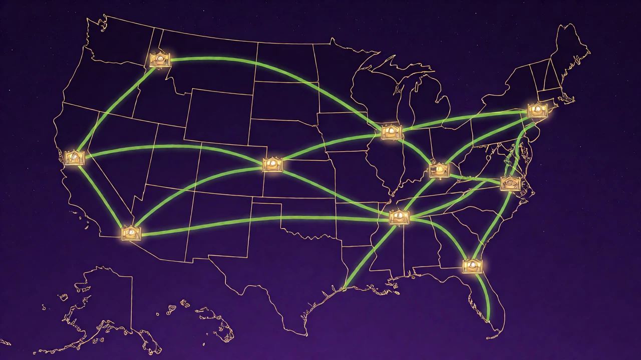 Stylized US map with glowing tour routes