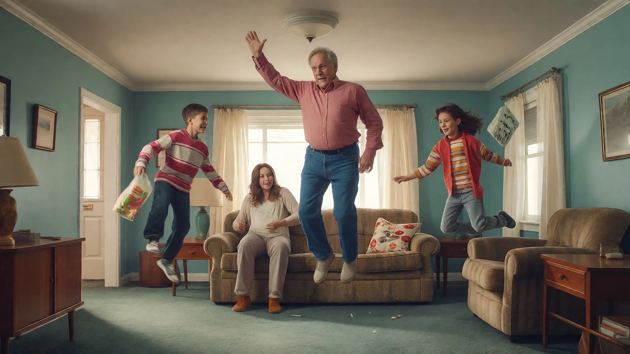 Suburban family floating in living room due to gravity failure