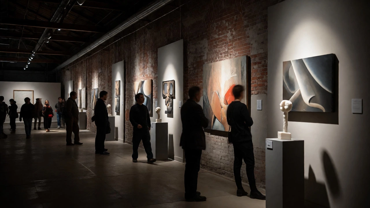 Visitors observing curated artworks in a dimly lit industrial exhibition space.