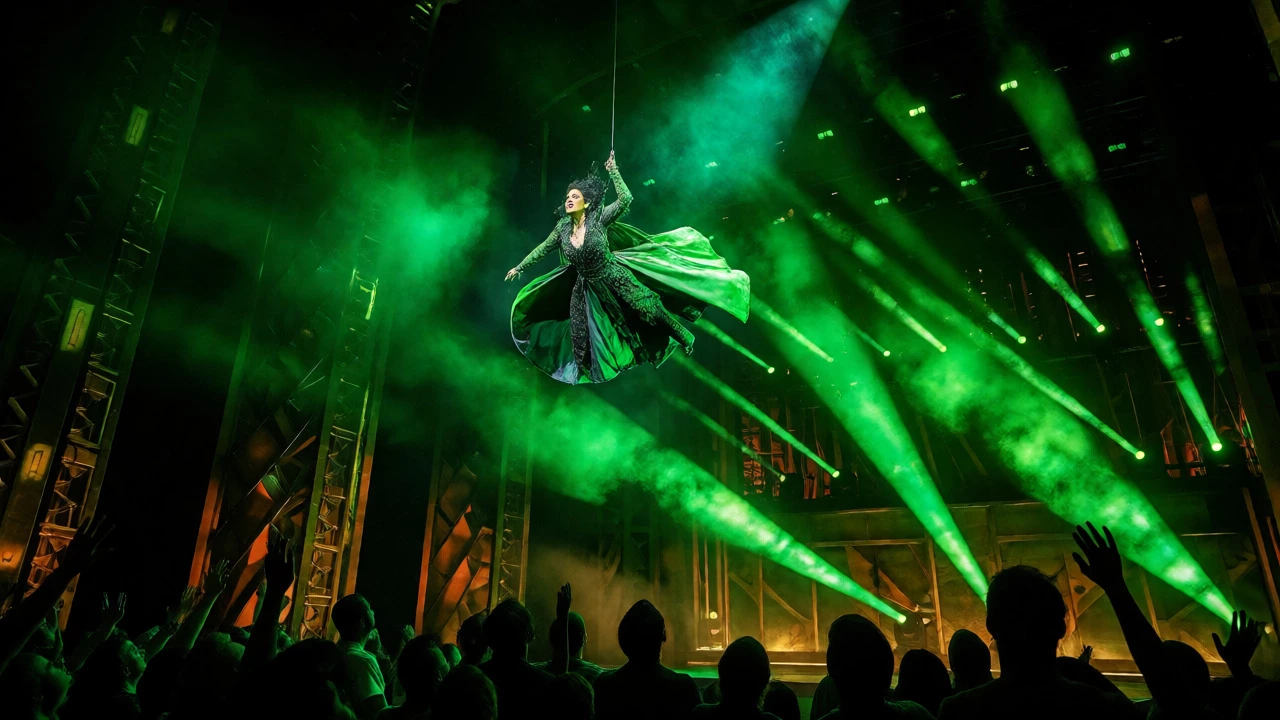 Witch flying over stage in green spotlight