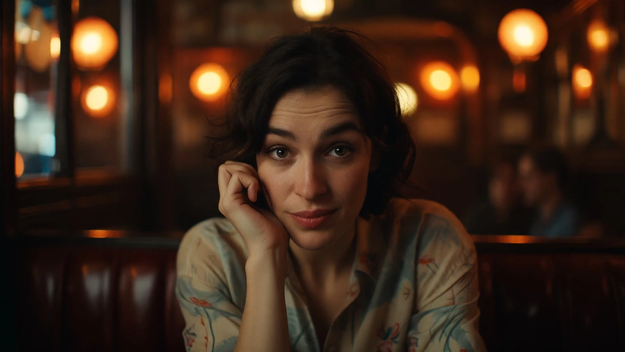Woman in pub looking at camera with a knowing smirk.